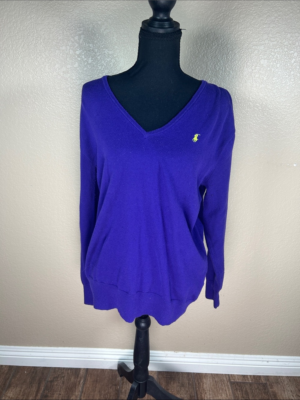Ralph Lauren Sport Purple Knit Sweater Neon Yellow Pony Size M